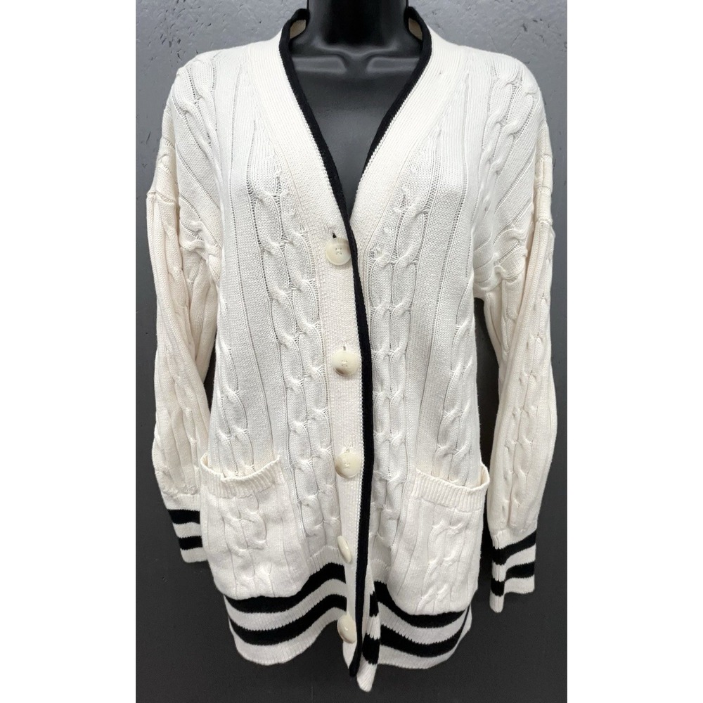 Loft Cardigan Sweater L Ivory Black Cable Knit Pockets Coastal Preppy Academia
